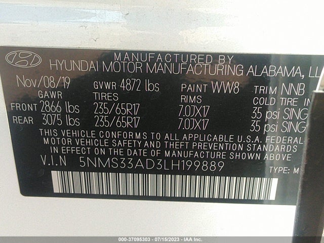 Hyundai Santa Fe Sel 2020 5NMS33AD3LH199889 Image 9
