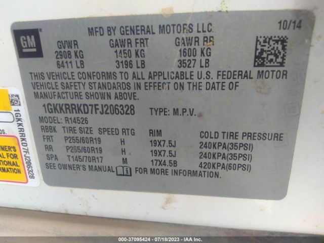 1GKKRRKD7FJ206328 GMC ACADIA SLT