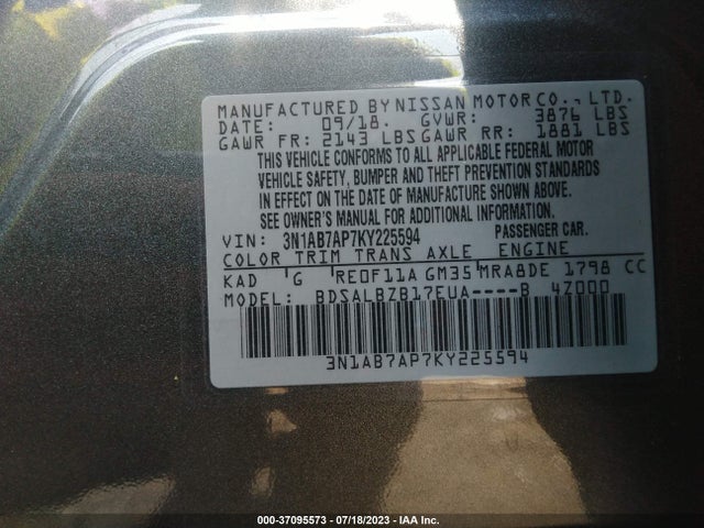 2019 NISSAN SENTRA S VIN: 3N1AB7AP7KY225594