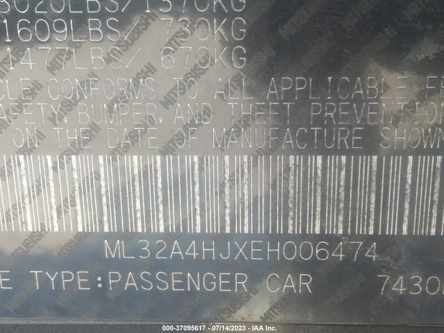 Продаж на аукціоні авто 2014 Mitsubishi Mirage Es, vin: ML32A4HJXEH006474, номер лоту: 37095617