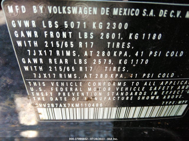 3VV2B7AX7KM110486 Volkswagen Tiguan Se/sel/sel R-line
