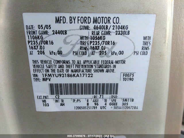 2006 FORD ESCAPE XLT VIN: 1FMYU93186KA17122
