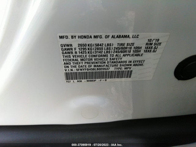 Honda Pilot Ex-l 2020 5FNYF6H56LB020537 Image 9