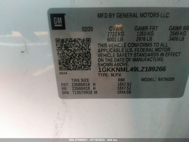 1GKKNML49LZ189266 GMC ACADIA SLT