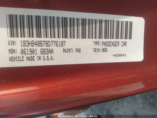 2008 DODGE CALIBER SXT VIN: 1B3HB48B78D776187