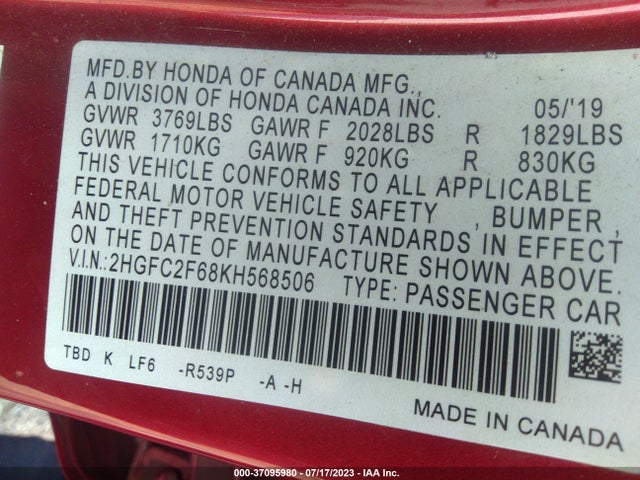 Honda Civic Sedan Lx 2019 2HGFC2F68KH568506 Image 9