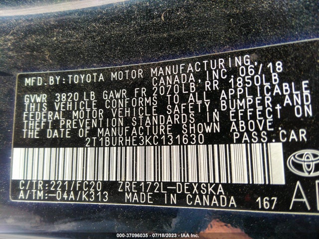 2019 TOYOTA COROLLA L/LE/SE/XLE/XSE VIN: 2T1BURHE3KC131630