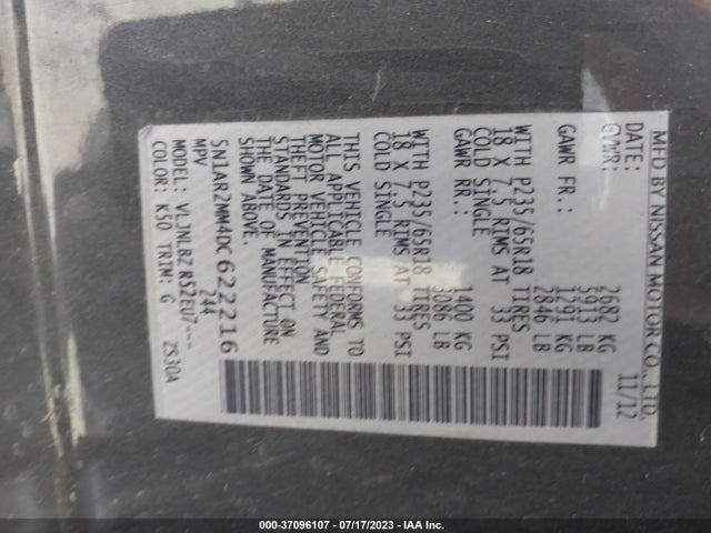 2013 NISSAN PATHFINDER S VIN: 5N1AR2MM4DC622216