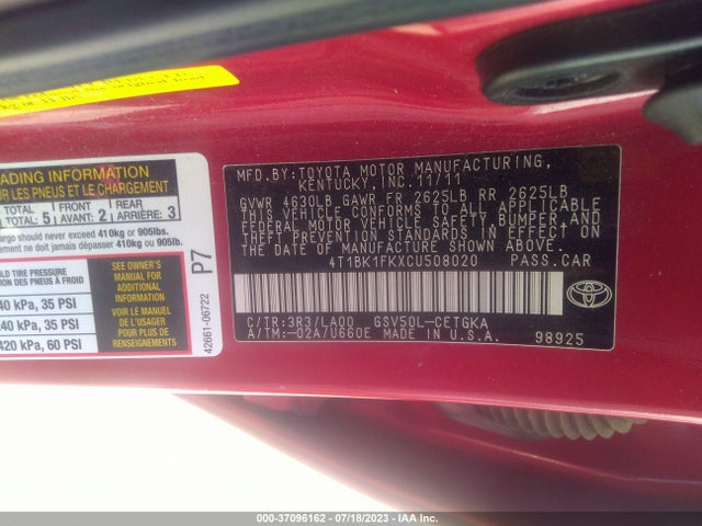 2012 TOYOTA CAMRY SE/XLE VIN: 4T1BK1FKXCU508020