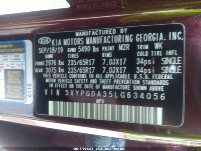 2020 KIA SORENTO 2.4L LX VIN: 5XYPGDA35LG634056