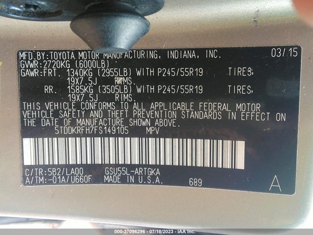 2015 TOYOTA HIGHLANDER LIMITED VIN: 5TDDKRFH7FS149105