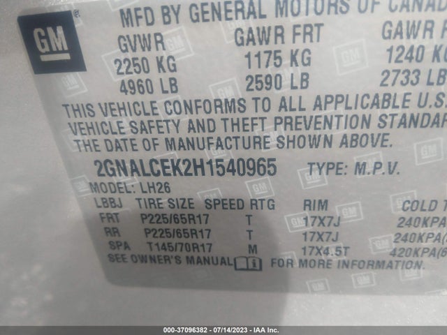Chevrolet EQUINOX LT 2017 2GNALCEK2H1540965 Image 9