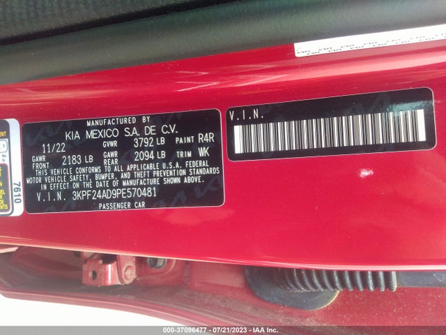 2023 KIA FORTE LXS VIN: 3KPF24AD9PE570481