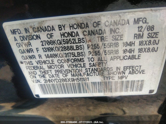 2009 ACURA MDX TECH PKG VIN: 2HNYD286X9H511181