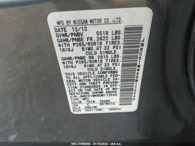 2013 INFINITI FX37 VIN: JN8CS1MW9DM173546