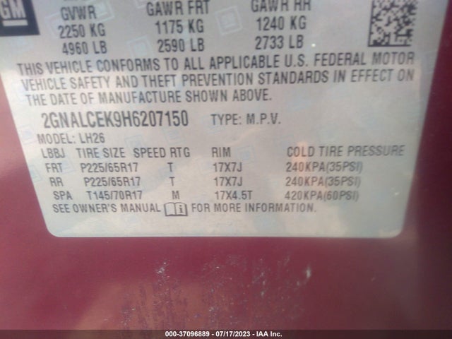 Chevrolet EQUINOX LT 2017 2GNALCEK9H6207150 Image 9