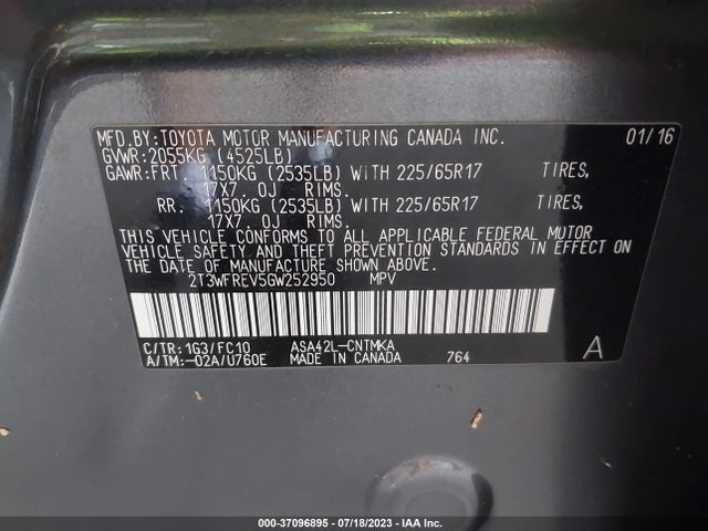 2016 TOYOTA RAV4 XLE VIN: 2T3WFREV5GW252950