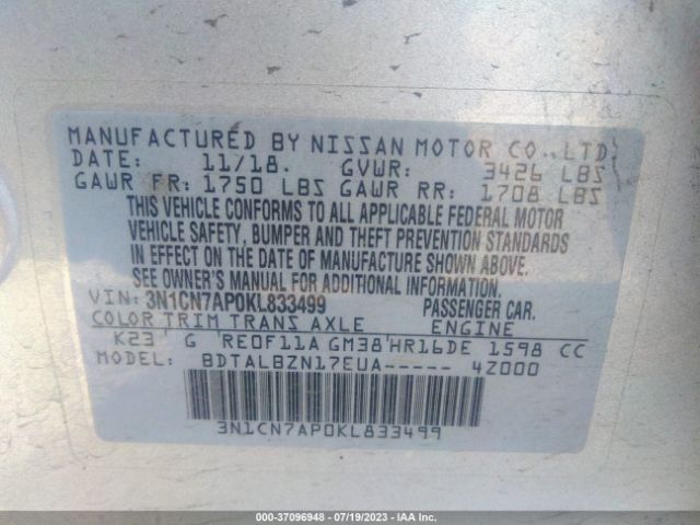 3N1CN7AP0KL833499 Nissan Versa Sedan Sv