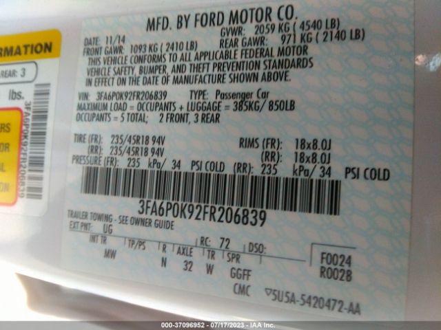 3FA6P0K92FR206839 Ford Fusion Titanium