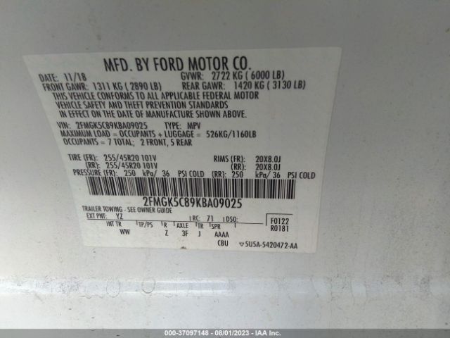 2FMGK5C89KBA09025 Ford FLEX SEL