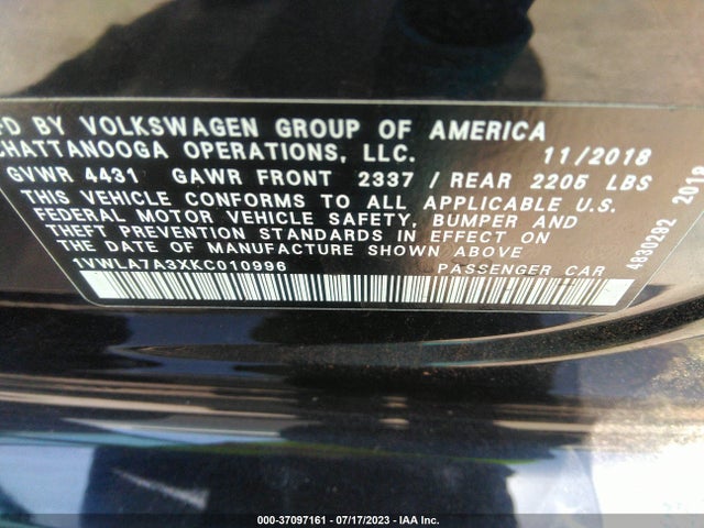 1VWLA7A3XKC010996 Volkswagen Passat 2.0t Wolfsburg Edition