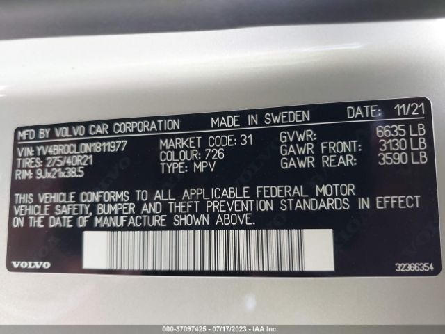 YV4BR0CL0N1811977 Volvo Xc90 Recharge Inscription