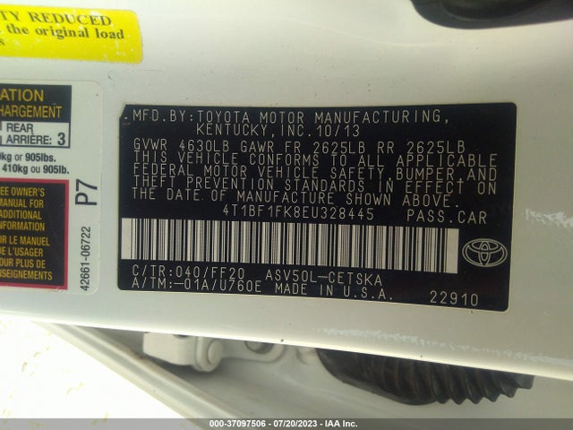 2014 TOYOTA CAMRY L/LE/XLE/SE/SE SPORT VIN: 4T1BF1FK8EU328445