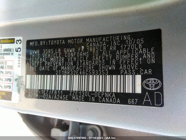 2006 TOYOTA COROLLA CE/S/LE VIN: 2T1BR32E46C593353