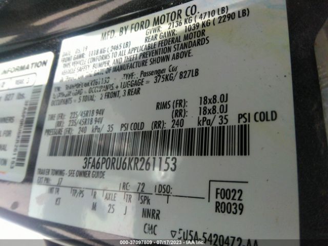 3FA6P0RU6KR261153 Ford Fusion Hybrid Titanium