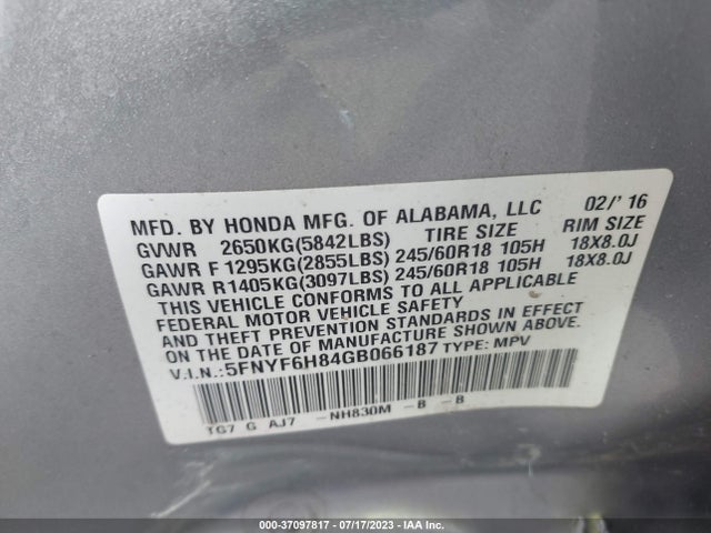 Honda Pilot Ex-l 2016 5FNYF6H84GB066187 Image 9