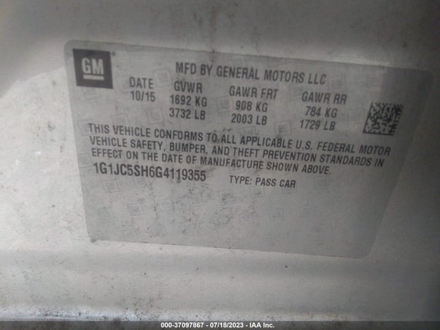 Chevrolet SONIC LT 2016 1G1JC5SH6G4119355 Image 10