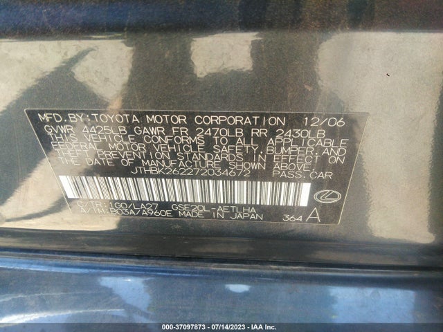 2007 LEXUS IS 250 VIN: JTHBK262272034672