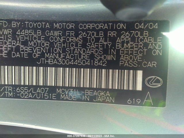 2004 LEXUS ES 330 VIN: JTHBA30G445041842