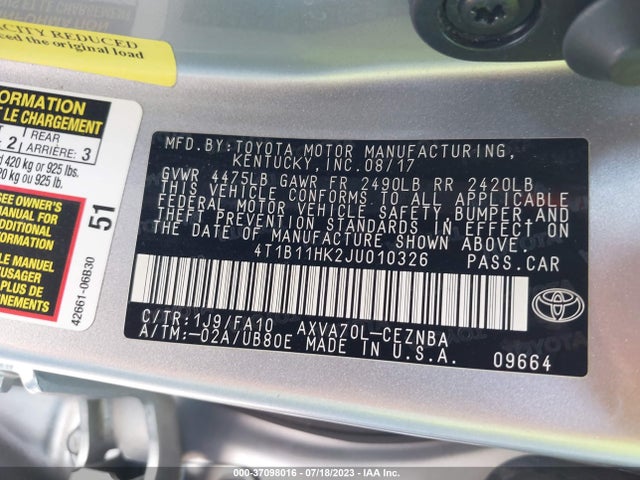 2018 TOYOTA CAMRY LE/SE/XLE/L VIN: 4T1B11HK2JU010326