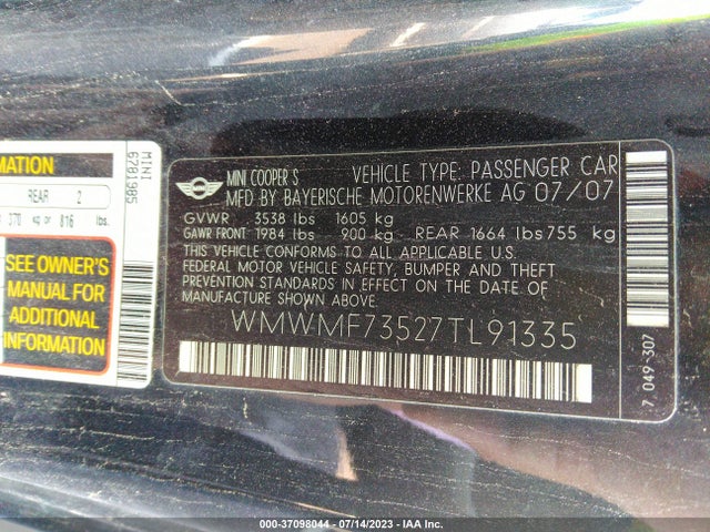 2007 MINI COOPER S WMWMF73527TL91335 Photo 8