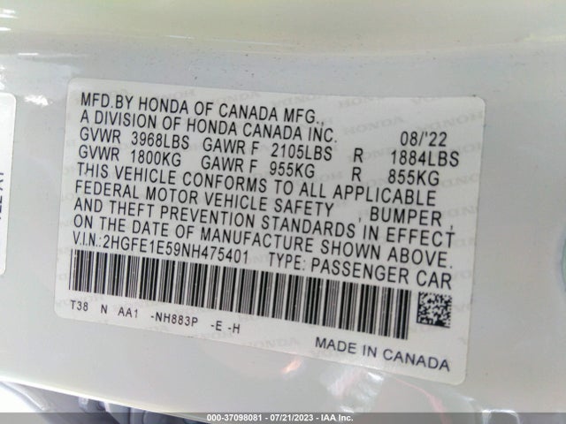 2022 HONDA CIVIC SI VIN: 2HGFE1E59NH475401