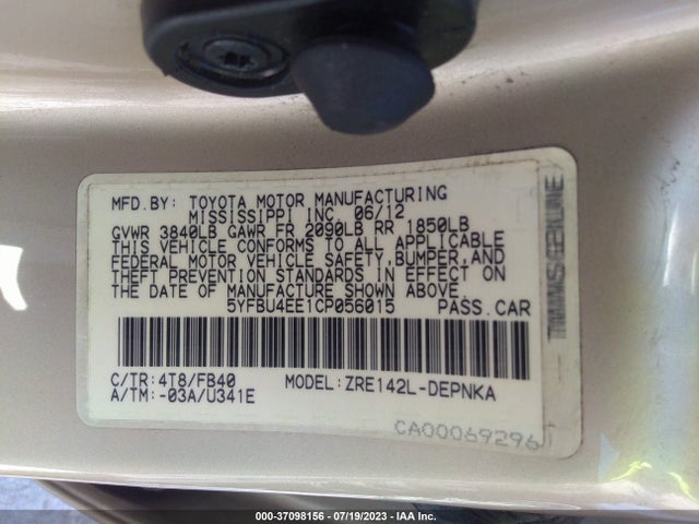 2012 TOYOTA COROLLA L/LE/S VIN: 5YFBU4EE1CP056015