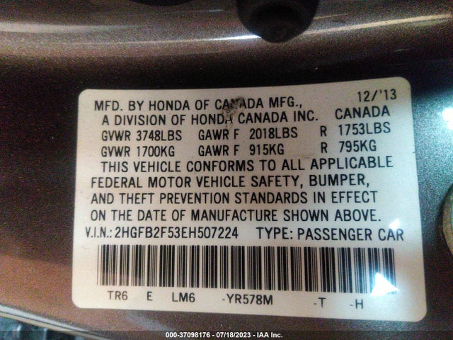 Honda Civic Sedan Lx 2014 2HGFB2F53EH507224 Image 9