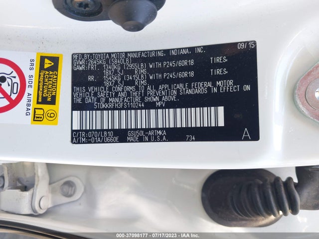 Toyota Highlander Xle 2015 5TDKKRFH3FS110244 Image 14