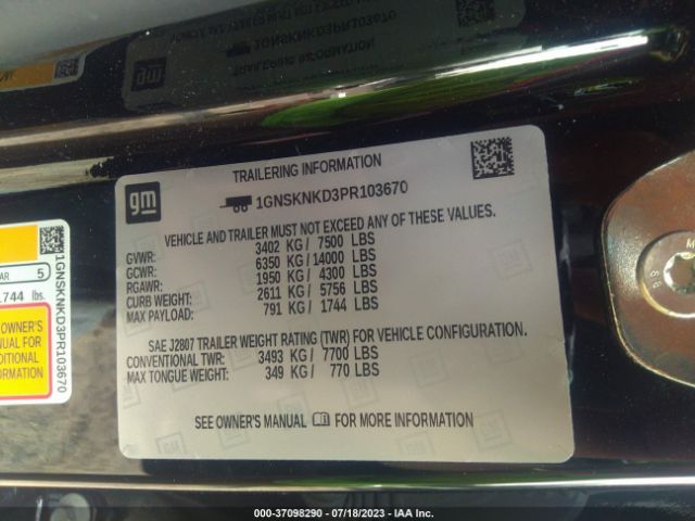 1GNSKNKD3PR103670 Chevrolet Tahoe 4wd Lt