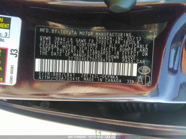 2013 TOYOTA COROLLA L/LE/S VIN: 2T1BU4EE7DC084791