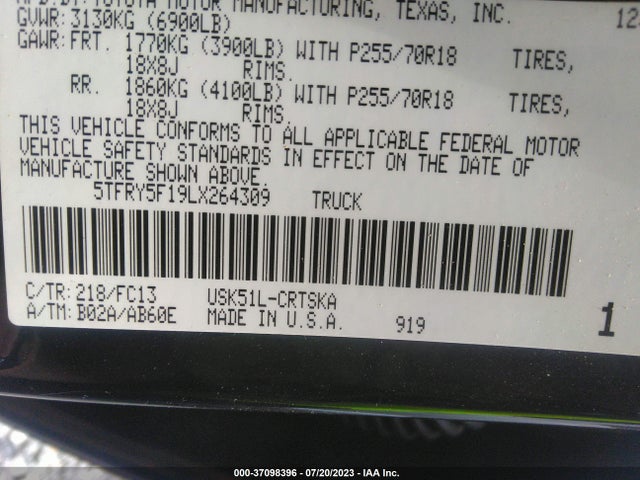 Toyota Tundra Sr5 2020 5TFRY5F19LX264309 Image 9