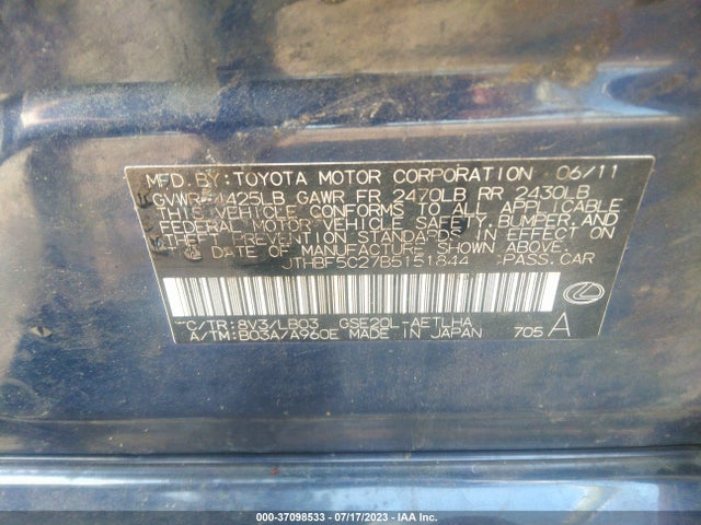 2011 LEXUS IS 250 VIN: JTHBF5C27B5151844