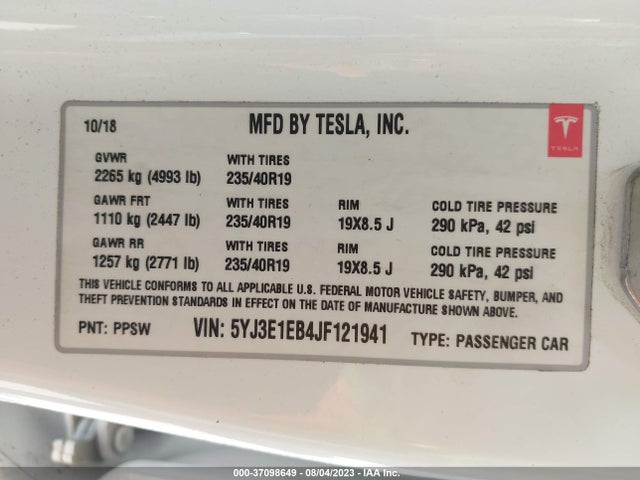 2018 TESLA MODEL 3 LONG RANGE VIN: 5YJ3E1EB4JF121941