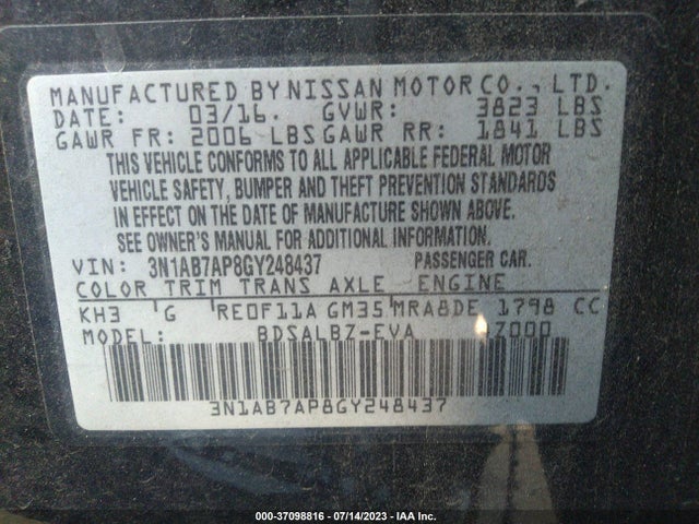 2016 NISSAN SENTRA S VIN: 3N1AB7AP8GY248437