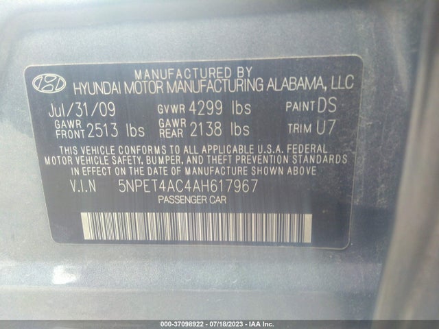 2010 HYUNDAI SONATA GLS PZEV VIN: 5NPET4AC4AH617967