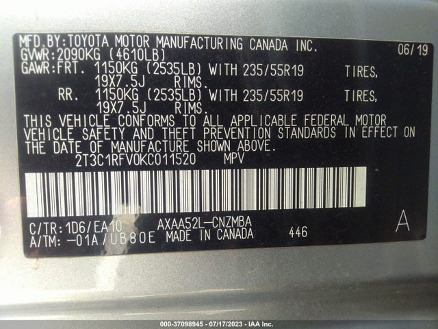 Toyota Rav4 Xle Premium 2019 2T3C1RFV0KC011520 Image 15
