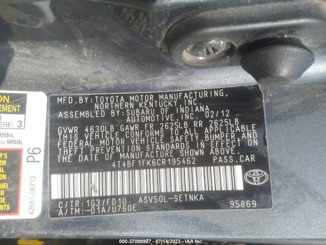 2012 TOYOTA CAMRY L/LE/SE/XLE VIN: 4T4BF1FK6CR195462
