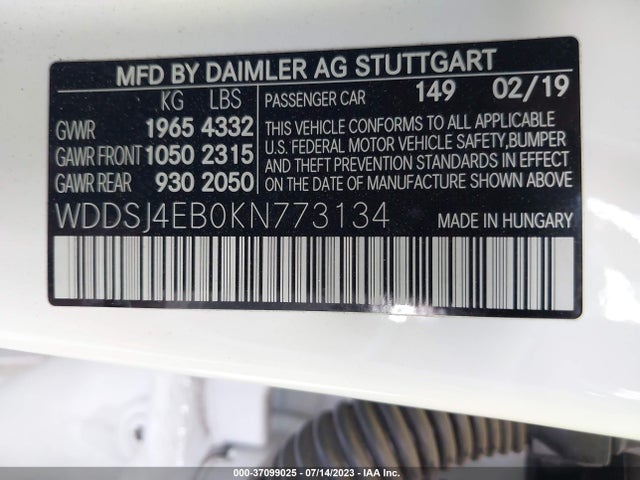 Продажа на аукционе авто 2019 Mercedes-benz Cla 250, vin: WDDSJ4EB0KN773134, номер лота: 37099025