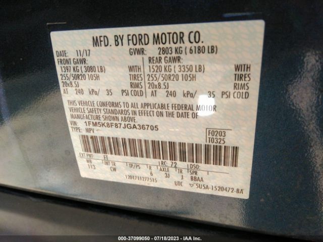 1FM5K8F87JGA36705 Ford Explorer Limited